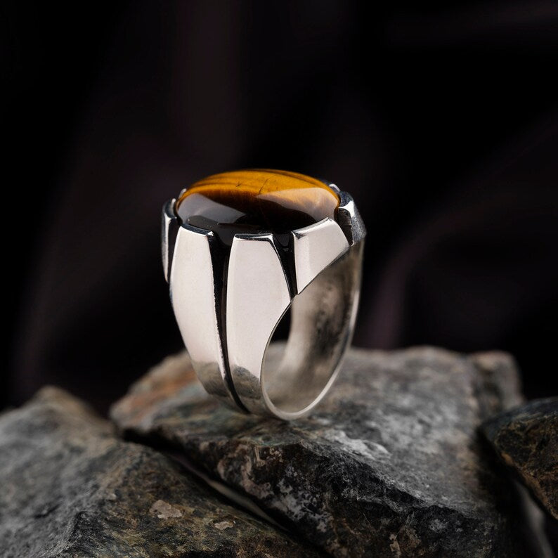 RARE PRINCE by CARAT SUTRA | Unique Designed Turkish Style Ring with Natural Tiger Eye | 925 Sterling Silver Oxidized Ring | Men's Jewelry | With Certificate of Authenticity and 925 Hallmark