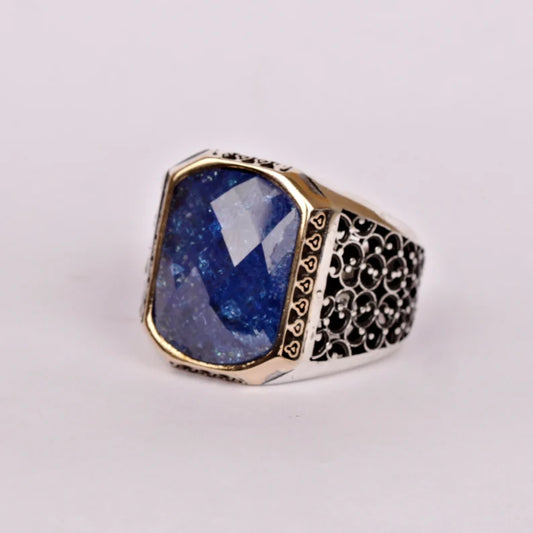 RARE PRINCE by CARAT SUTRA | Unique Turkish Style Ring with Natural Blue Lapis Lazuli | 925 Sterling Silver Oxidized Ring | Men's Jewelry | With Certificate of Authenticity and 925 Hallmark