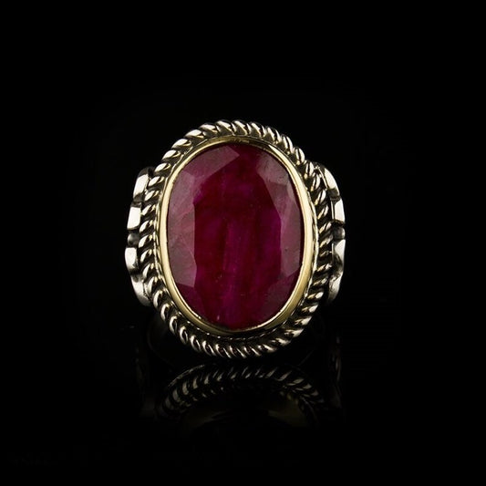 RARE PRINCE by CARAT SUTRA | Unique Designed Turkish Style Heavy Ring with Natural Red Ruby | 22kt Gold Micron Plated 925 Sterling Silver Oxidized Ring | Men's Jewelry | With Certificate of Authenticity and 925 Hallmark