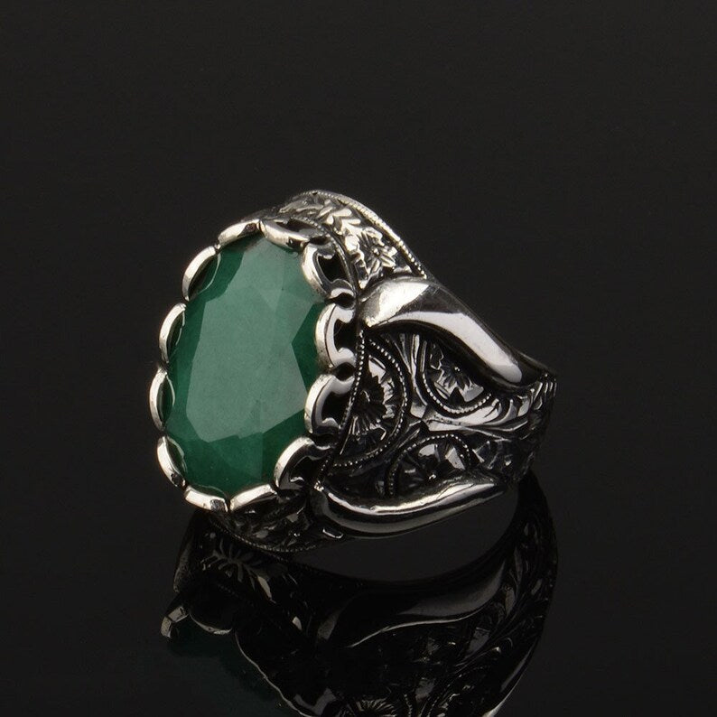 RARE PRINCE by CARAT SUTRA | Unique Designed Turkish Style Ring with Emerald | 925 Sterling Silver Oxidized Ring | Men's Jewelry | With Certificate of Authenticity and 925 Hallmark