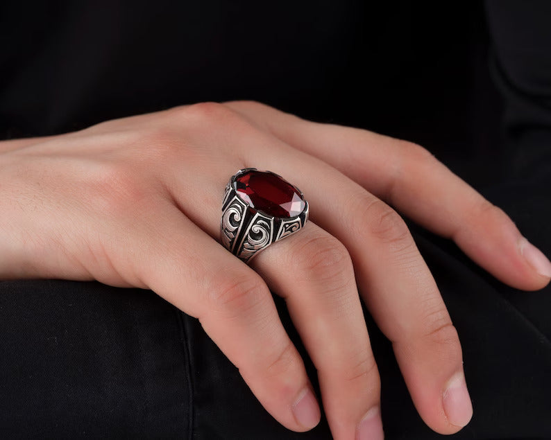 RARE PRINCE by CARAT SUTRA | Unique Turkish Style Ring with Natural Gomed | 925 Sterling Silver Oxidized Ring | Men's Jewelry | With Certificate of Authenticity and 925 Hallmark