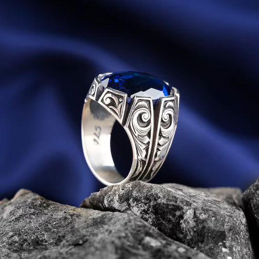 RARE PRINCE by CARAT SUTRA | Unique Turkish Style Ring with Srilankan Blue Sapphire | 925 Sterling Silver Oxidized Ring | Men's Jewelry | With Certificate of Authenticity and 925 Hallmark