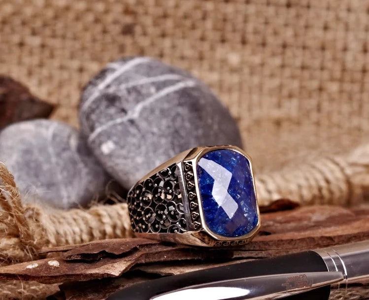 RARE PRINCE by CARAT SUTRA | Unique Turkish Style Ring with Natural Blue Lapis Lazuli | 925 Sterling Silver Oxidized Ring | Men's Jewelry | With Certificate of Authenticity and 925 Hallmark