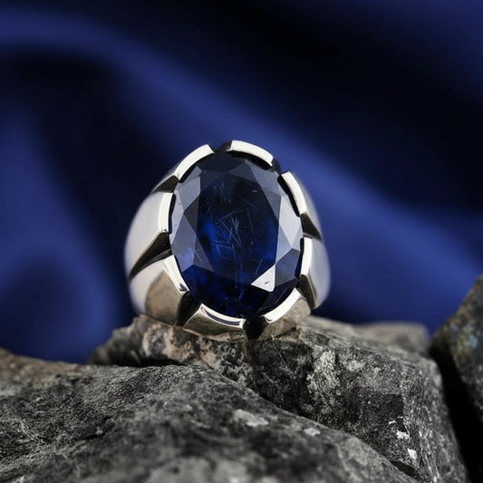 RARE PRINCE by CARAT SUTRA | Unique Turkish Style Ring with S Blue Sapphire, Oxidized Sterling Silver 925 Ring | Jewellery for Men| With Certificate of Authenticity and 925 Hallmark