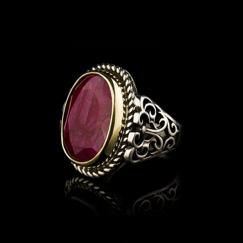 RARE PRINCE by CARAT SUTRA | Unique Designed Turkish Style Heavy Ring with Natural Red Ruby | 22kt Gold Micron Plated 925 Sterling Silver Oxidized Ring | Men's Jewelry | With Certificate of Authenticity and 925 Hallmark