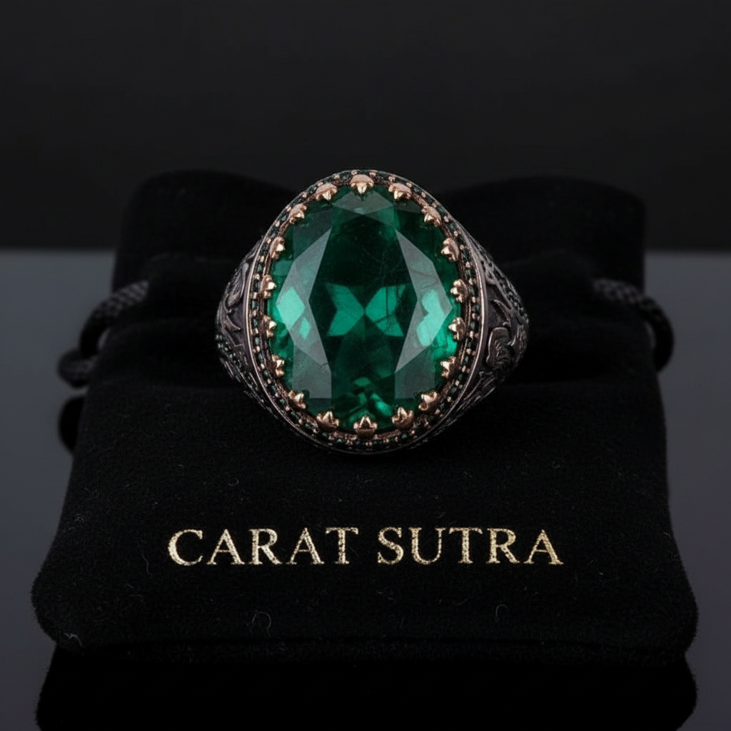 Unique Designed Turkish Style Ring with Natural Emerald | 925 Sterling Silver Oxidized Ring | Men's Jewelry | With Certificate of Authenticity and 925 Hallmark
