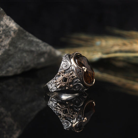 RARE PRINCE by CARAT SUTRA | Unique Designed Turkish Style Ring with Natural Tiger Eye | 925 Sterling Silver Oxidized Ring | Men's Jewelry | With Certificate of Authenticity and 925 Hallmark