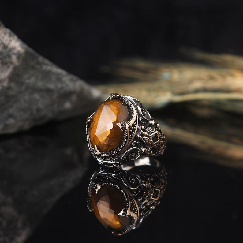 RARE PRINCE by CARAT SUTRA | Unique Designed Turkish Style Ring with Natural Tiger Eye | 925 Sterling Silver Oxidized Ring | Men's Jewelry | With Certificate of Authenticity and 925 Hallmark
