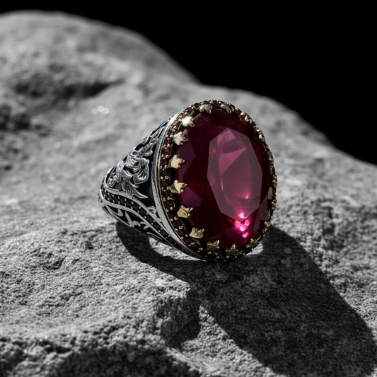 RARE PRINCE by CARAT SUTRA | Unique Designed Ring with Natural Red Ruby | 925 Sterling Silver Oxidized Ring | Men's Jewelry | With Certificate of Authenticity and 925 Hallmark