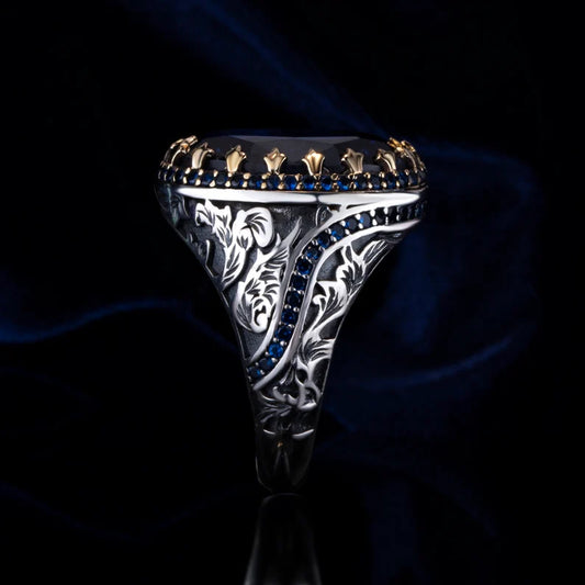 RARE PRINCE by CARAT SUTRA | Unique Turkish Style Ring with Blue S Sapphire | 925 Sterling Silver Oxidized Ring | Men's Jewelry | With Certificate of Authenticity and 925 Hallmark