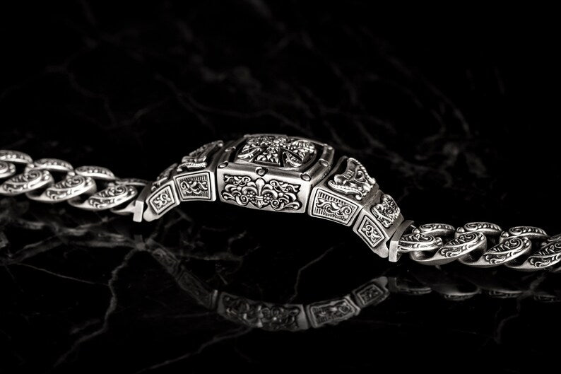 RARE PRINCE by CARAT SUTRA | 16mm Wide Solid Floral Textured Watch Shape Cross Miami Cuban Link With Artistic Cross Bracelet | Oxidised 925 Sterling Silver Bracelet | Men's Jewelry | With Certificate of Authenticity and 925 Hallmark