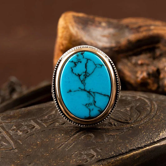 RARE PRINCE by CARAT SUTRA | Unique Designed Turkish Style Ring with Natural Irani Turquoise (Firoza)| 925 Sterling Silver Oxidized Ring | Men's Jewelry | With Certificate of Authenticity and 925 Hallmark
