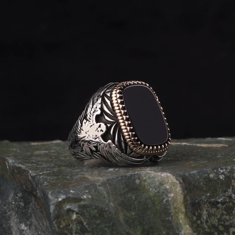 RARE PRINCE by CARAT SUTRA | Unique Eagle Designed Turkish Style Ring with Natural Black Onyx | Black Rhodium & Gold Plated 925 Sterling Silver Ring | Men's Jewelry | With Certificate of Authenticity and 925 Hallmark