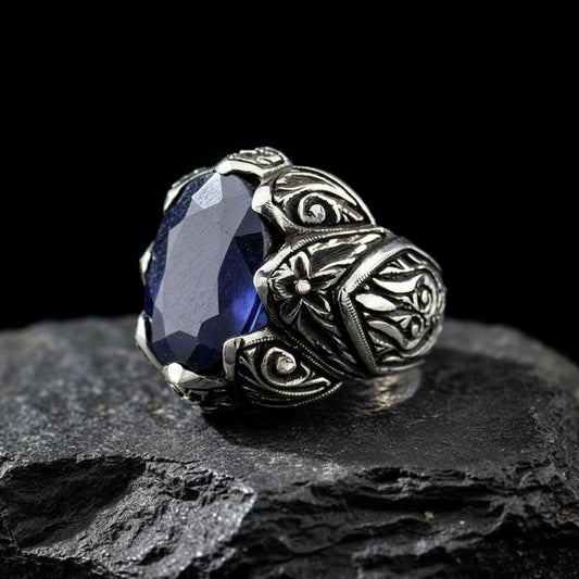 RARE PRINCE by CARAT SUTRA | Unique Turkish Style Ring with Blue S Sapphire | 925 Sterling Silver Oxidized Ring | Men's Jewelry | With Certificate of Authenticity and 925 Hallmark