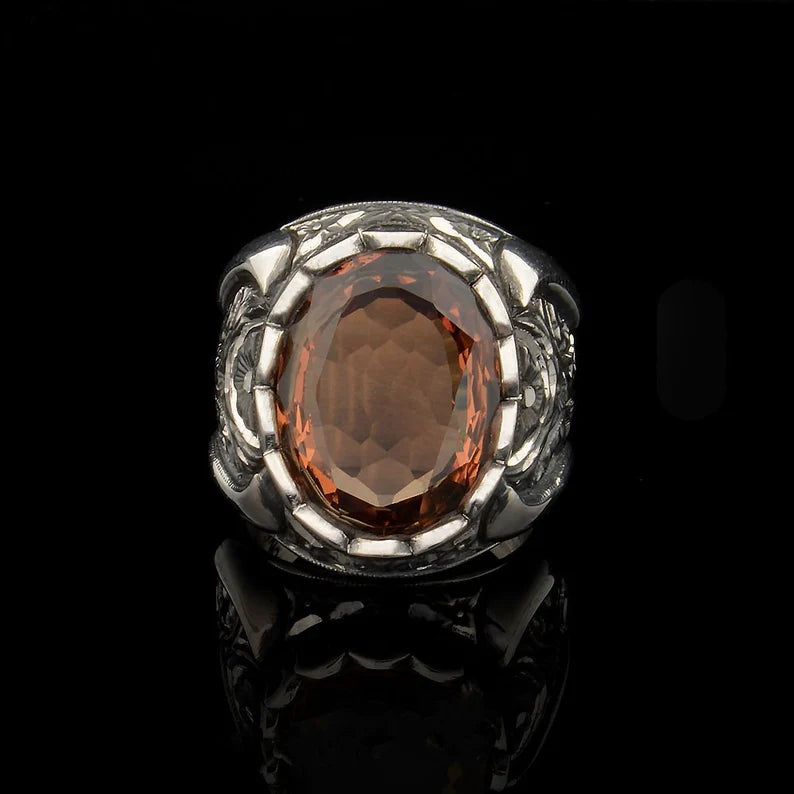 RARE PRINCE by CARAT SUTRA | Unique Turkish Style Ring with Natural Gomed | 925 Sterling Silver Oxidized Ring | Men's Jewelry | With Certificate of Authenticity and 925 Hallmark