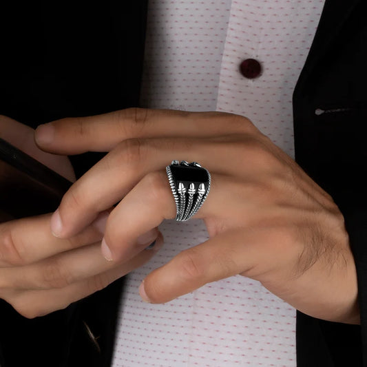 RARE PRINCE by CARAT SUTRA | Unique Designed Turkish Style Curved Ring with Natural Black Onyx | 925 Sterling Silver Ring | Men's Jewelry | With Certificate of Authenticity and 925 Hallmark