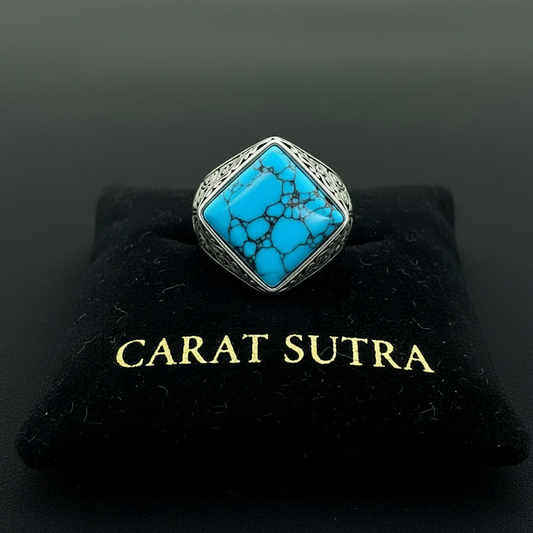 RARE PRINCE by CARAT SUTRA | Unique Designed Turkish Style Ring with Natural Irani Turquoise (Firoza) | 925 Sterling Silver Oxidized Ring | Men's Jewelry | With Certificate of Authenticity and 925 Hallmark