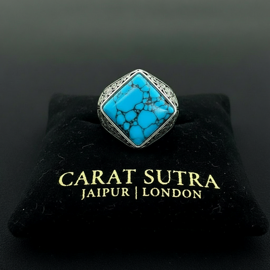 RARE PRINCE by CARAT SUTRA | Unique Designed Turkish Style Ring with Natural Irani Turquoise (Firoza) | 925 Sterling Silver Oxidized Ring | Men's Jewelry | With Certificate of Authenticity and 925 Hallmark