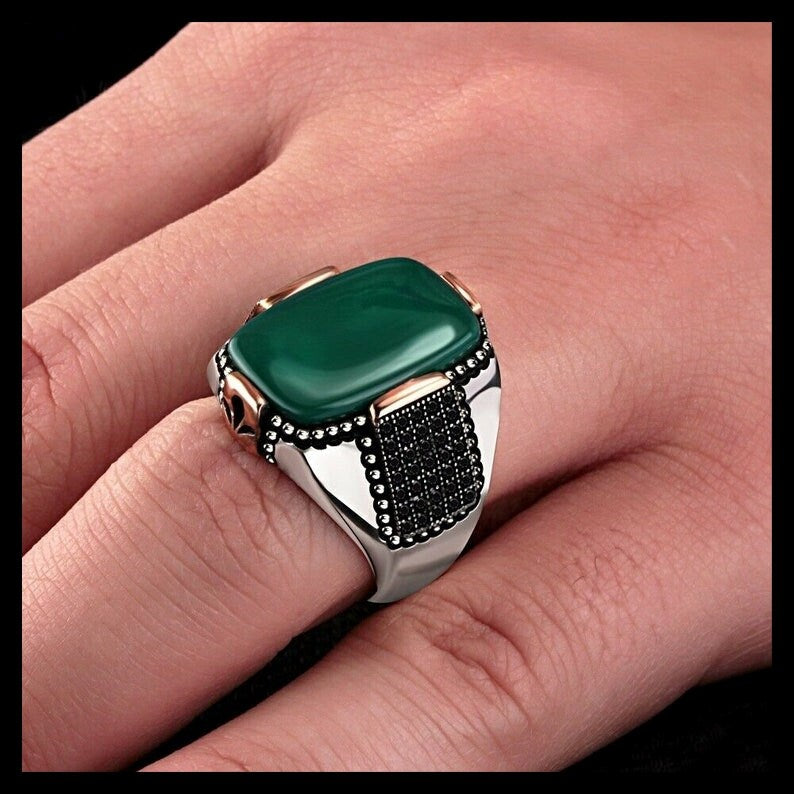 RARE PRINCE by CARAT SUTRA | Unique Designed Turkish Style Ring with Natural Green Onyx | 925 Sterling Silver Oxidized Ring | Men's Jewelry | With Certificate of Authenticity and 925 Hallmark
