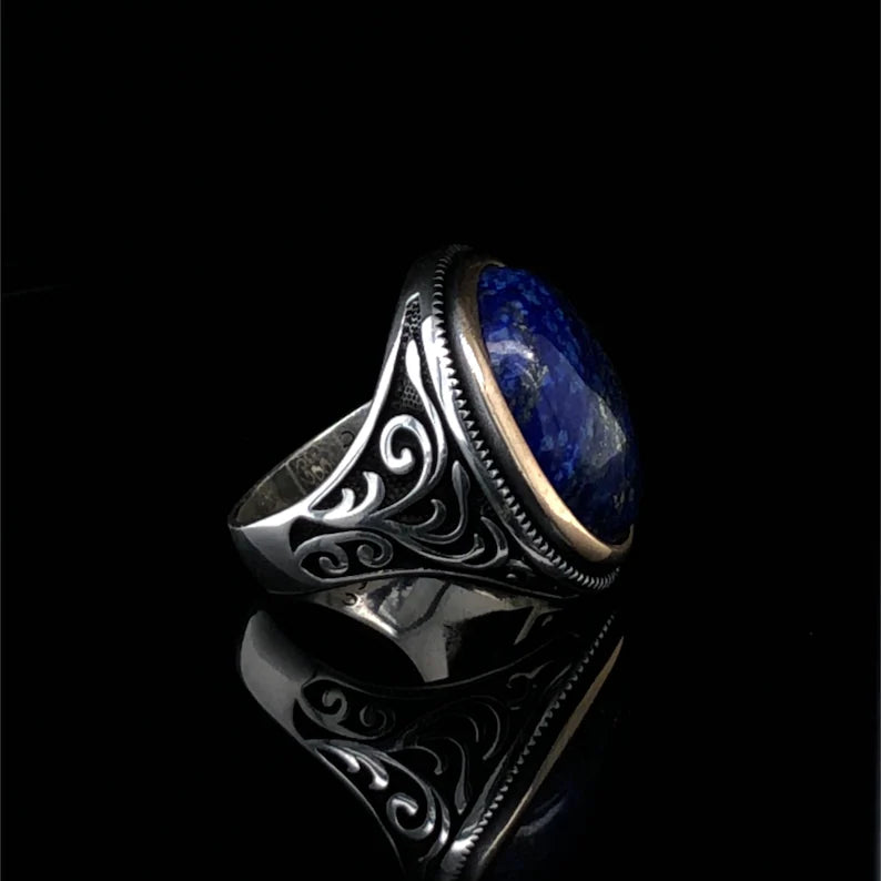 RARE PRINCE by CARAT SUTRA | Unique Turkish Style Ring with Natural Blue Lapis Lazuli | 925 Sterling Silver Oxidized Ring | Men's Jewelry | With Certificate of Authenticity and 925 Hallmark