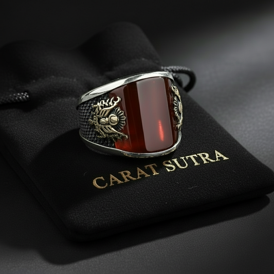 RARE PRINCE by CARAT SUTRA | Unique Turkish Style Curved Ring with Red Agate | 925 Sterling Silver Oxidized Ring | Men's Jewelry | With Certificate of Authenticity and 925 Hallmark