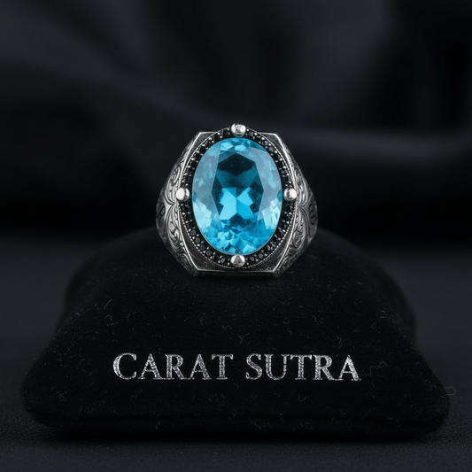 RARE PRINCE by CARAT SUTRA | Exclusively Designed Ring with Blue Topaz | 925 Sterling Silver Oxidized Ring | Men's Jewelry | With Certificate of Authenticity and 925 Hallmark