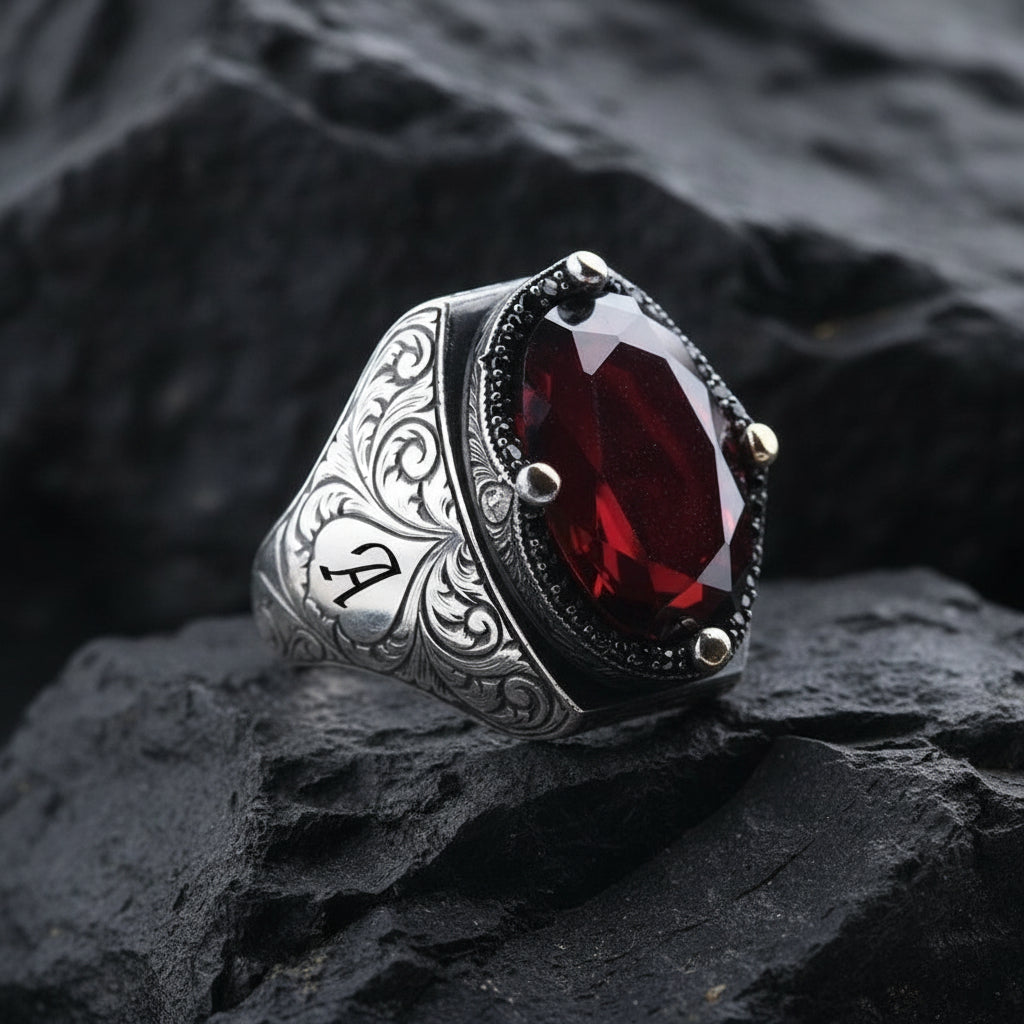 RARE PRINCE by CARAT SUTRA | Unique Custom Name Style Ring with Natural Gomed | 925 Sterling Silver Oxidized Ring | Men's Jewelry | With Certificate of Authenticity and 925 Hallmark