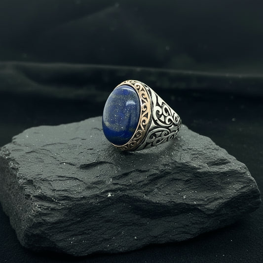 RARE PRINCE by CARAT SUTRA | Unique Turkish Style Ring with Natural Blue Lapis Lazuli | 925 Sterling Silver Oxidized Ring | Men's Jewelry | With Certificate of Authenticity and 925 Hallmark