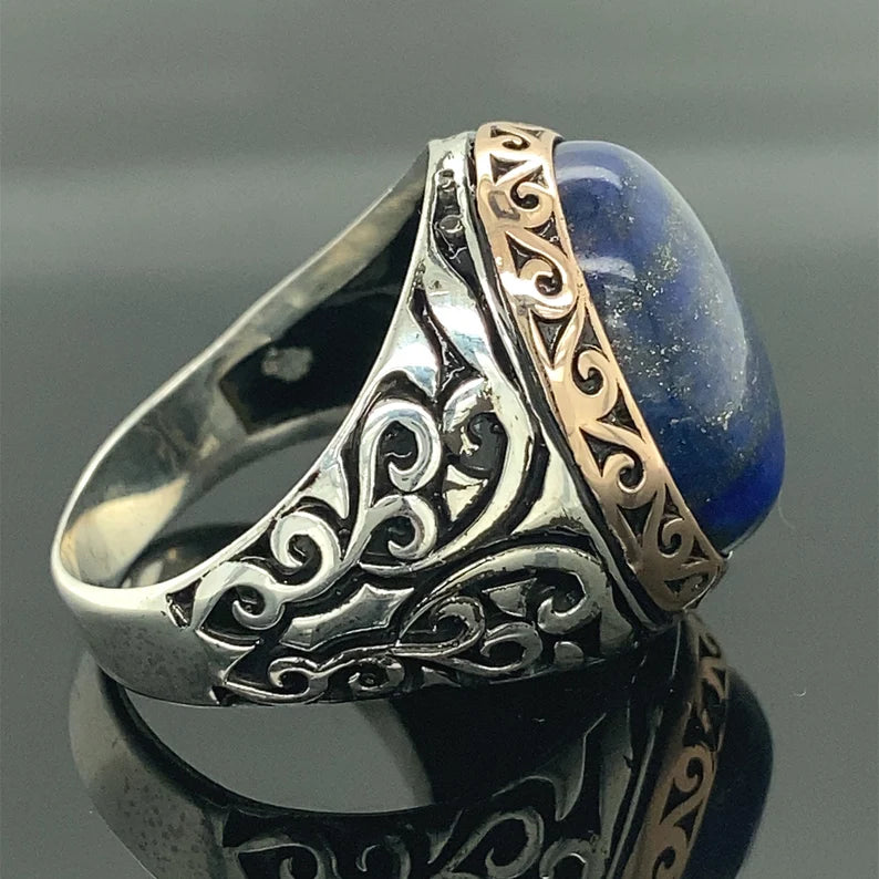 RARE PRINCE by CARAT SUTRA | Unique Turkish Style Ring with Natural Blue Lapis Lazuli | 925 Sterling Silver Oxidized Ring | Men's Jewelry | With Certificate of Authenticity and 925 Hallmark