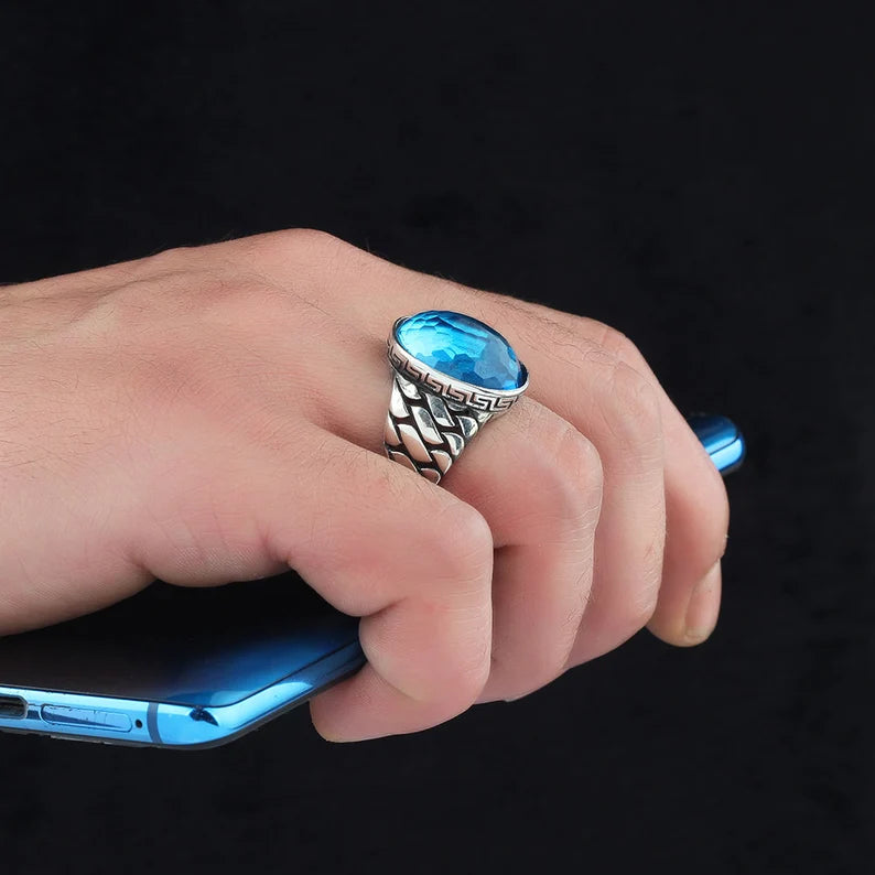 RARE PRINCE by CARAT SUTRA | Exclusively Designed Ring with Blue Topaz | 925 Sterling Silver Oxidized Ring | Men's Jewelry | With Certificate of Authenticity and 925 Hallmark