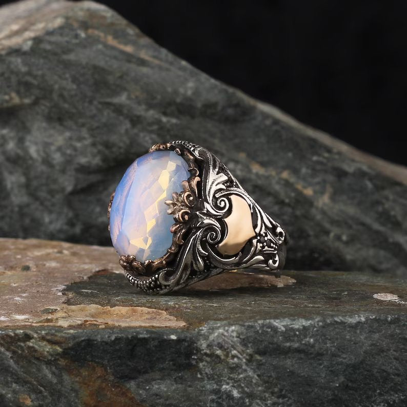 RARE PRINCE by CARAT SUTRA | Unique Designed Turkish Style Ring with Natural Rainbow Moonstone | 925 Sterling Silver Oxidized Ring | Men's Jewelry | With Certificate of Authenticity and 925 Hallmark