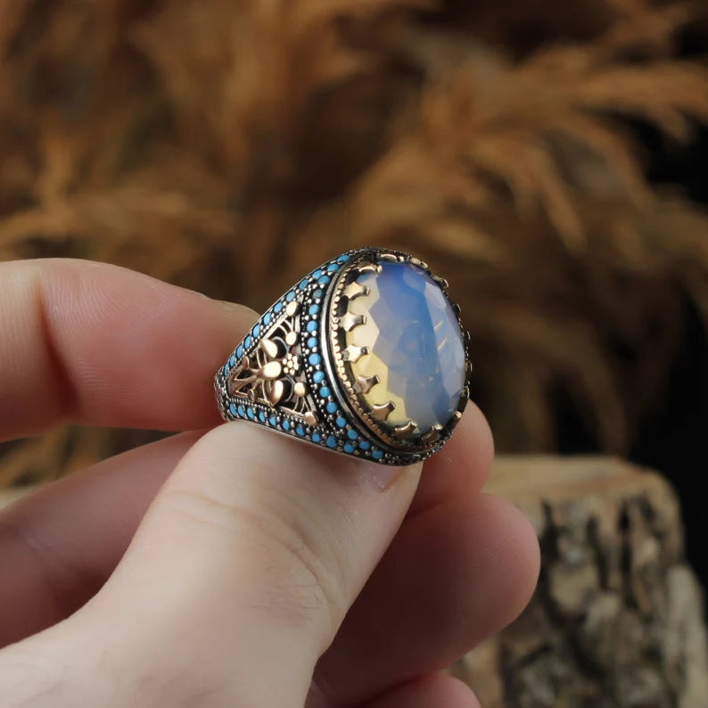 RARE PRINCE by CARAT SUTRA | Unique Designed Turkish Style Ring with Natural Rainbow Moonstone | 925 Sterling Silver Oxidized Ring | Men's Jewelry | With Certificate of Authenticity and 925 Hallmark