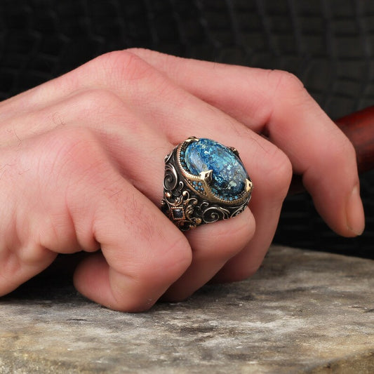 RARE PRINCE by CARAT SUTRA | Unique Designed Turkish Style Ring with Natural Irani Turquoise (Firoza) | 925 Sterling Silver Oxidized Ring | Men's Jewelry | With Certificate of Authenticity and 925 Hallmark