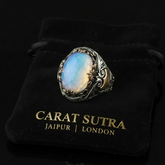 RARE PRINCE by CARAT SUTRA | Unique Designed Turkish Style Ring with Natural Rainbow Moonstone | 925 Sterling Silver Oxidized Ring | Men's Jewelry | With Certificate of Authenticity and 925 Hallmark