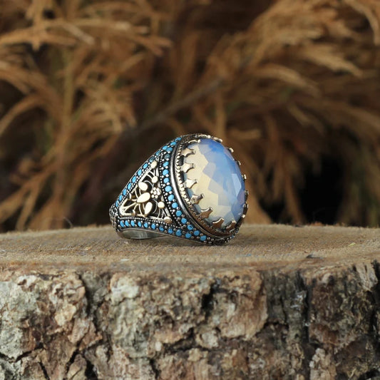 RARE PRINCE by CARAT SUTRA | Unique Designed Turkish Style Ring with Natural Rainbow Moonstone | 925 Sterling Silver Oxidized Ring | Men's Jewelry | With Certificate of Authenticity and 925 Hallmark