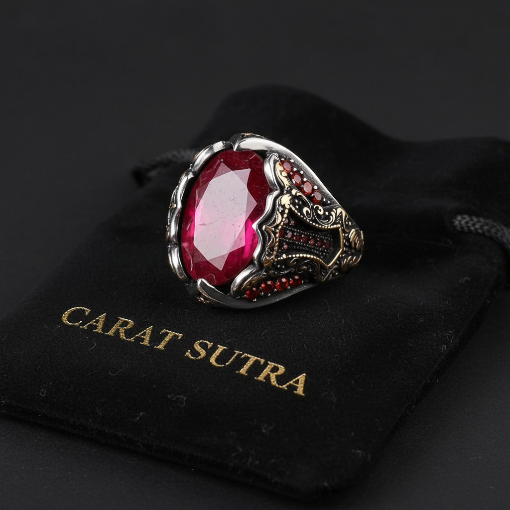 RARE PRINCE by CARAT SUTRA | Unique Designed Turkish Style Heavy Ring with Natural Red Ruby | 22kt Gold Micron Plated 925 Sterling Silver Oxidized Ring | Men's Jewelry | With Certificate of Authenticity and 925 Hallmark