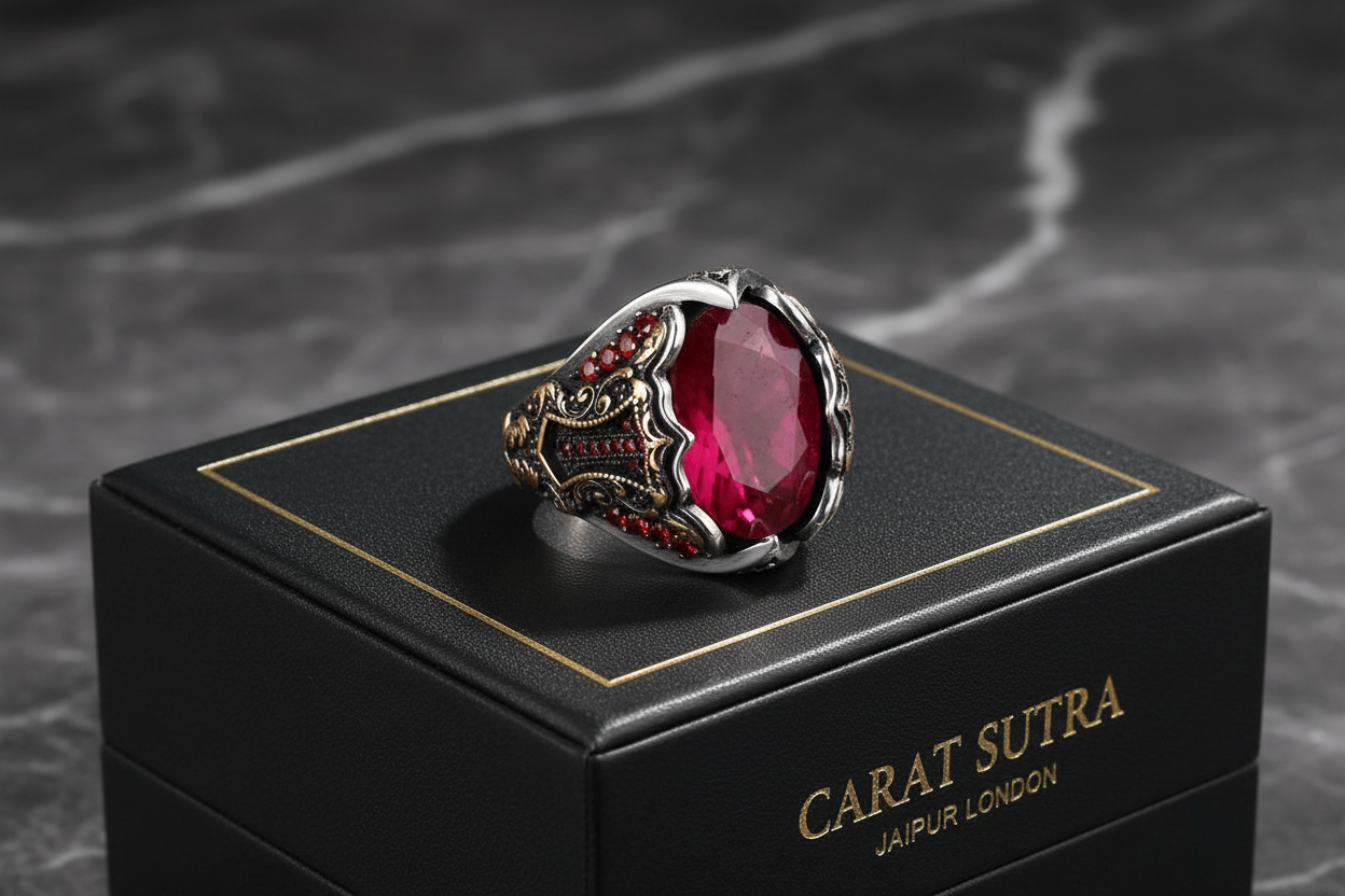 RARE PRINCE by CARAT SUTRA | Unique Designed Turkish Style Heavy Ring with Natural Red Ruby | 22kt Gold Micron Plated 925 Sterling Silver Oxidized Ring | Men's Jewelry | With Certificate of Authenticity and 925 Hallmark - caratsutra