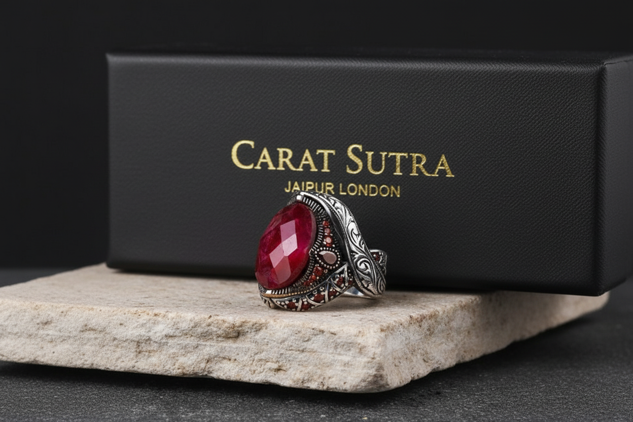 RARE PRINCE by CARAT SUTRA | Unique Designed Turkish Style Heavy Ring with Natural Red Ruby | 22kt Gold Micron Plated 925 Sterling Silver Oxidized Ring | Men's Jewelry | With Certificate of Authenticity and 925 Hallmark - caratsutra