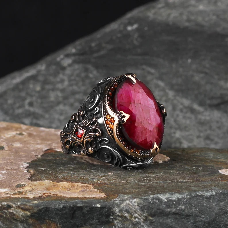 RARE PRINCE by CARAT SUTRA | Unique Designed Turkish Style Heavy Ring with Natural Red Ruby | 22kt Gold Micron Plated 925 Sterling Silver Oxidized Ring | Men's Jewelry | With Certificate of Authenticity and 925 Hallmark