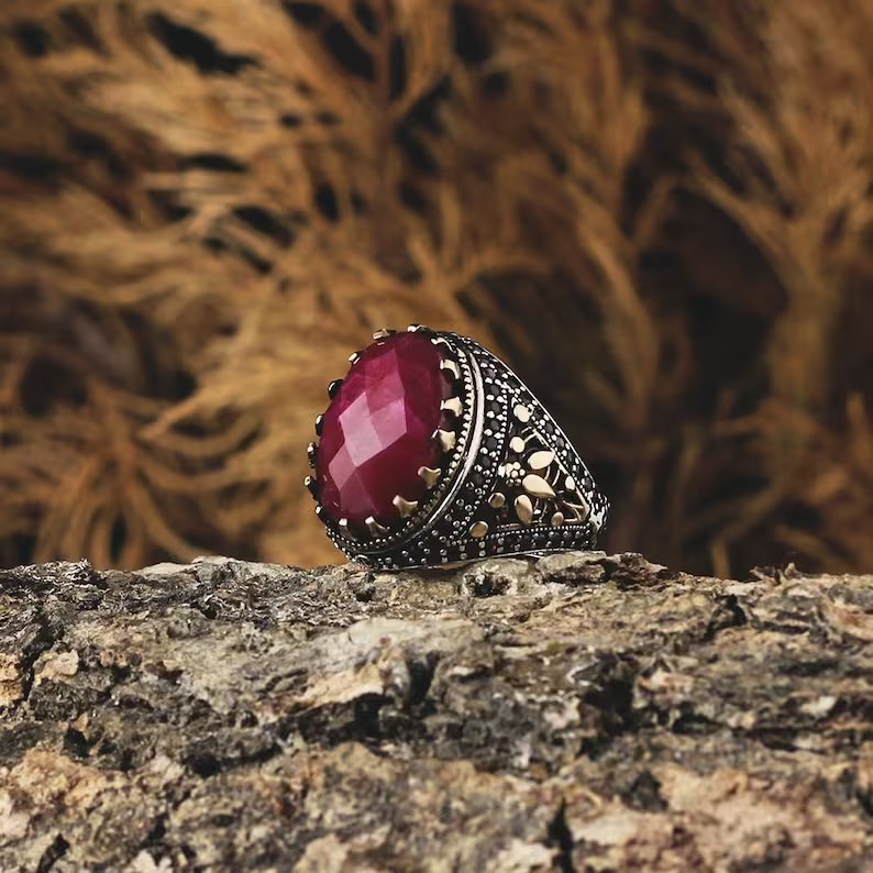 RARE PRINCE by CARAT SUTRA | Unique Designed Turkish Style Heavy Ring with Natural Red Ruby | 22kt Gold Micron Plated 925 Sterling Silver Oxidized Ring | Men's Jewelry | With Certificate of Authenticity and 925 Hallmark - caratsutra