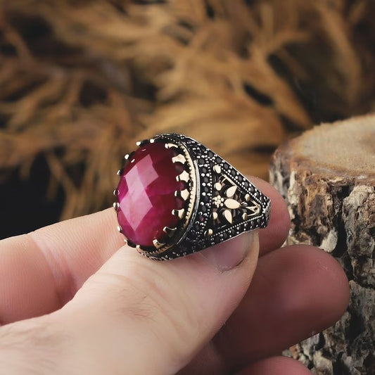 RARE PRINCE by CARAT SUTRA | Unique Designed Turkish Style Heavy Ring with Natural Red Ruby | 22kt Gold Micron Plated 925 Sterling Silver Oxidized Ring | Men's Jewelry | With Certificate of Authenticity and 925 Hallmark