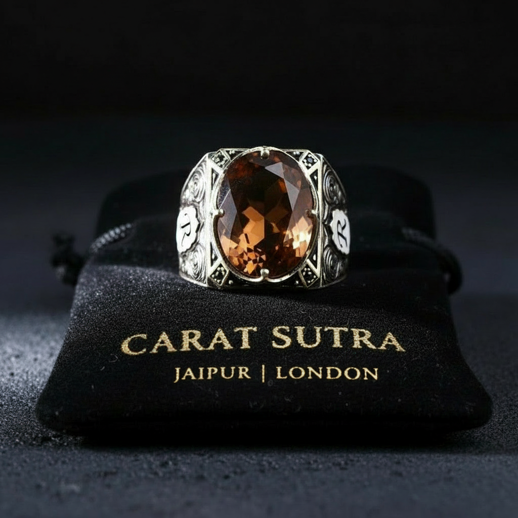 RARE PRINCE by CARAT SUTRA | Unique Designed Ring with Custom Name Initiall, Studded Natural with Hessonite Stone (Gomed) With Certificate of Authenticity and 925 Hallmark