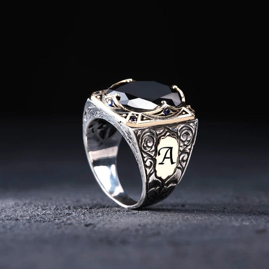 RARE PRINCE by CARAT SUTRA | Unique Turkish Style Ring with Natural Black Onyx | With Custom Name Initial, 925 Sterling Silver Ring | Men's Jewelry | With Certificate of Authenticity and 925 Hallmark