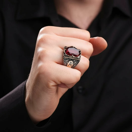 RARE PRINCE by CARAT SUTRA | Unique Designed Ring with Custom Name Initiall, Studded Natural with Hessonite Stone (Gomed) With Certificate of Authenticity and 925 Hallmark