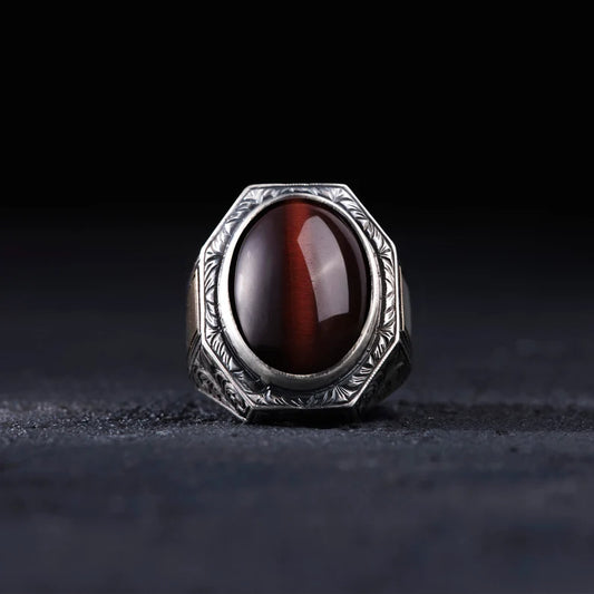 RARE PRINCE by CARAT SUTRA | Unique Designed Turkish Style Ring with Natural Tiger Eye | 925 Sterling Silver Oxidized Ring | Men's Jewelry | With Certificate of Authenticity and 925 Hallmark