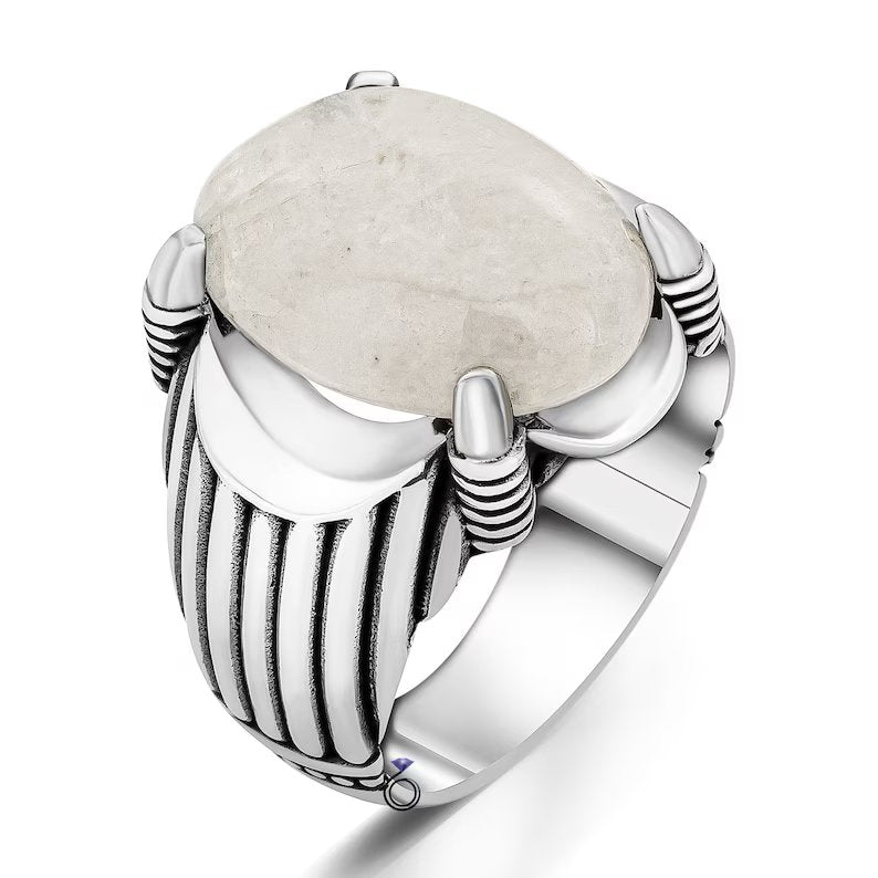 RARE PRINCE by CARAT SUTRA | Unique Designed Turkish Style Ring with Natural Moonstone | 925 Sterling Silver Oxidized Ring | MRen's Jewelry | With Certificate of Authenticity and 925 Hallmark
