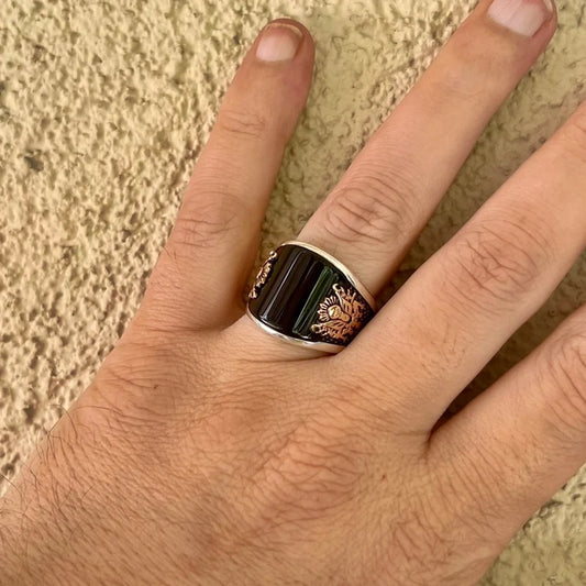 RARE PRINCE by CARAT SUTRA | Unique Designed Turkish Style Curved Ring with Natural Black Onyx | 925 Sterling Silver Ring | Men's Jewelry | With Certificate of Authenticity and 925 Hallmark