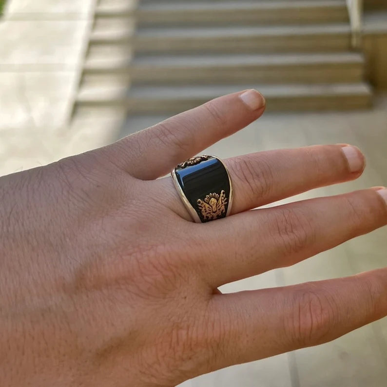 RARE PRINCE by CARAT SUTRA | Unique Designed Turkish Style Curved Ring with Natural Black Onyx | 925 Sterling Silver Ring | Men's Jewelry | With Certificate of Authenticity and 925 Hallmark