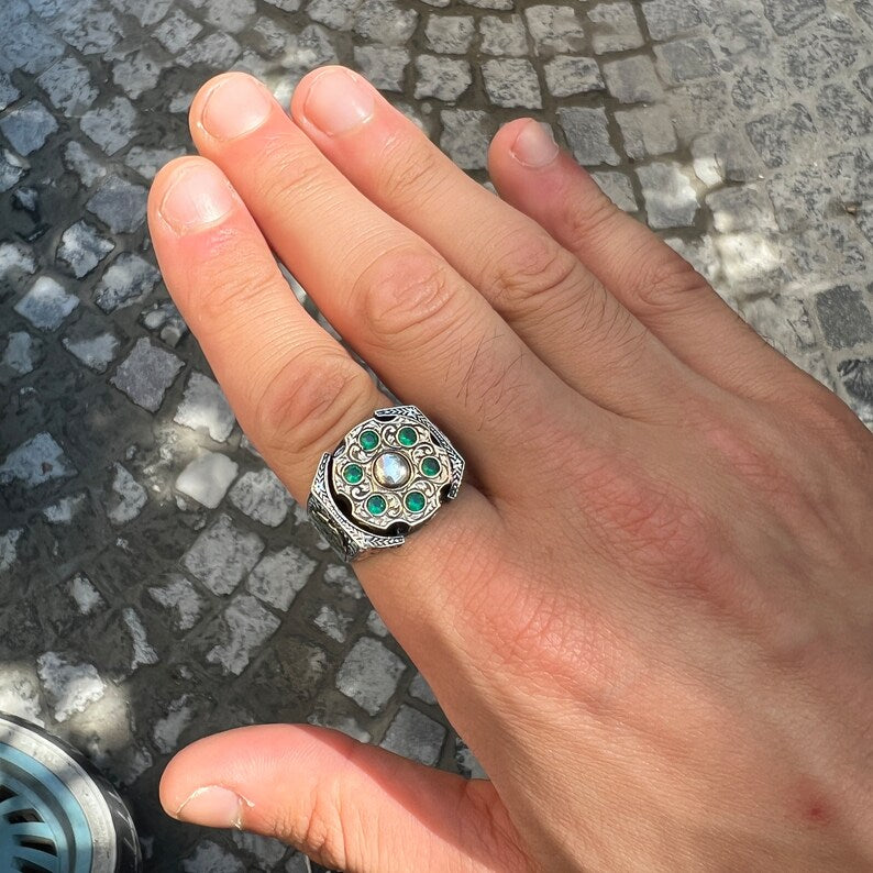 RARE PRINCE by CARAT SUTRA | Unique Designed Turkish Style Ring with 6 Stone Emerald Ring | 925 Sterling Silver Oxidized Ring | Men's Jewelry | With Certificate of Authenticity and 925 Hallmark
