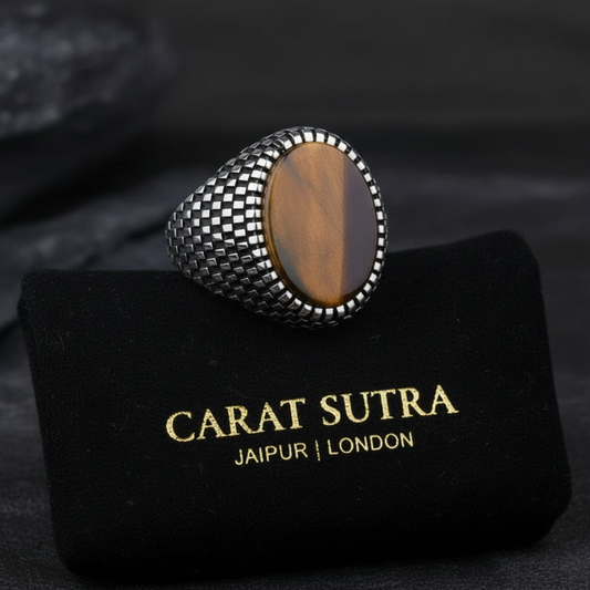 RARE PRINCE by CARAT SUTRA | Unique Designed Turkish Style Ring with Natural Tiger Eye | 925 Sterling Silver Oxidized Ring | Men's Jewelry | With Certificate of Authenticity and 925 Hallmark